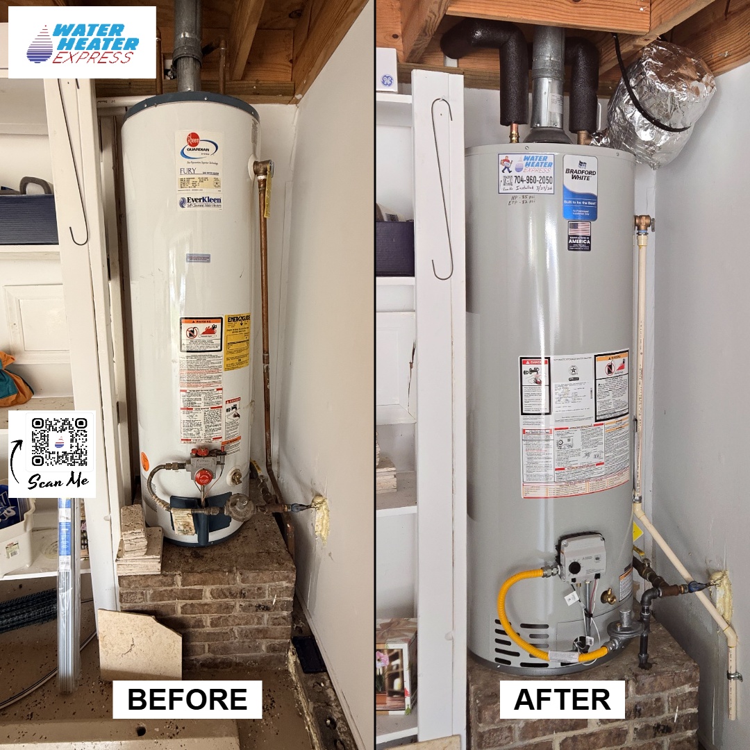 Tank water heater replacement in Charlotte NC showing before and after