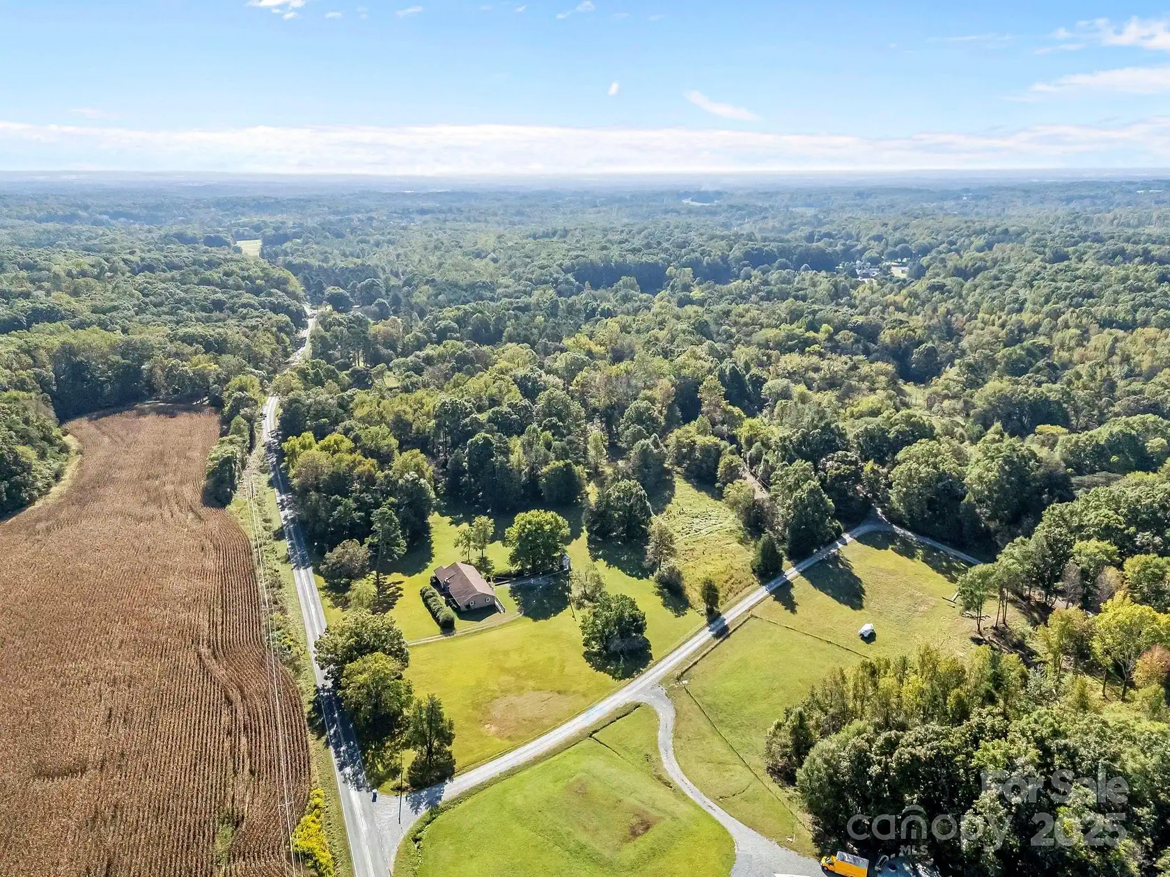 Aerial view of rural Midland properties with skyline