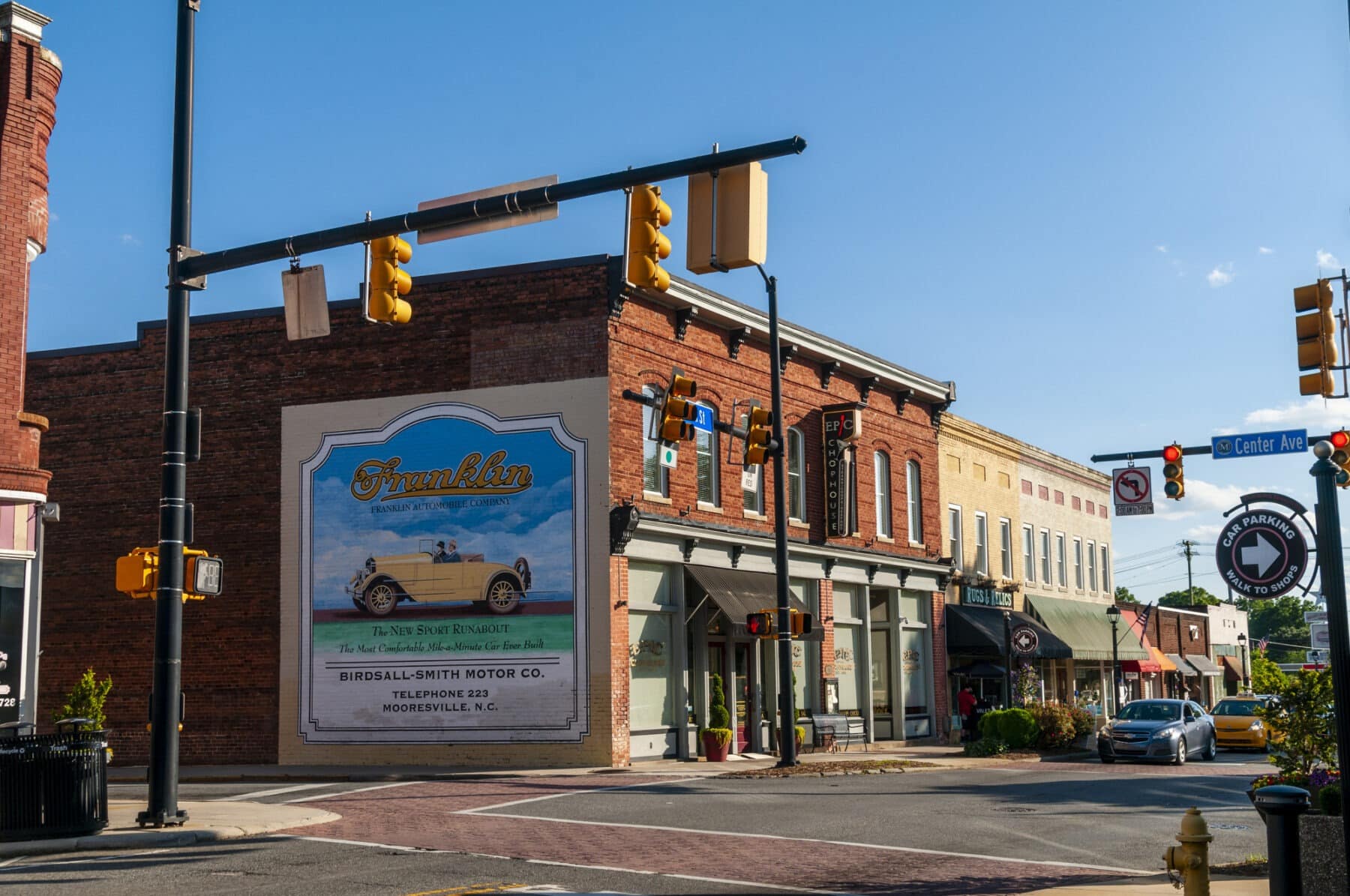 Historic downtown Mooresville with Franklin automobile mural