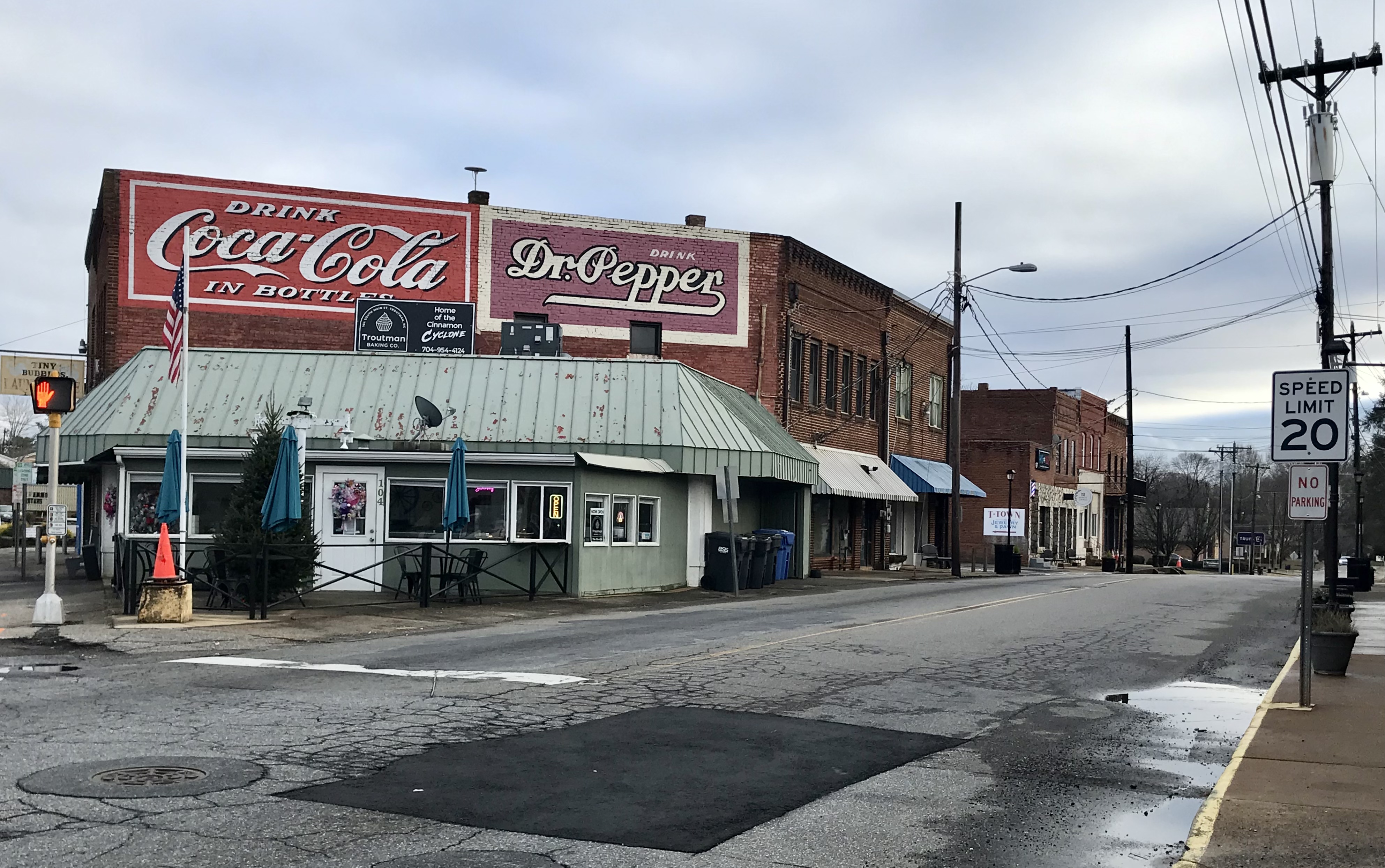 Historic downtown Troutman with vintage Coca-Cola and Dr Pepper signs